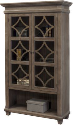 a wooden cabinet with glass doors and shelves