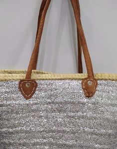 Sequined Silver Mettalic Straw Beach Bag with Leather Handles | Etsy Spring Party Straw Bag, Summer Tan Straw Bag For Beach, Summer Beach Straw Bag In Tan, Market Basket Bag, French Beach, French Market Basket, Moroccan Boho, Straw Beach Bag, Market Baskets