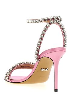 'Audrey Crystal Round Toe Satin' satin sandals with crystal appliqué, ankle strap, heel. Composition: Women Heel, Satin Sandals, Latest Sandal, Toe Ring Sandals, Crossbody Tote Bag, Crossbody Tote, Toe Rings, Leather Accessories, Clutch Handbag