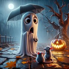 a halloween scene with a ghost and a rat under an umbrella