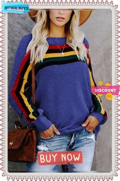 Stripes Knitted Crew Neck Long Sleeve Sweater Multicolor Stretch Sweater For Fall, Fall Multicolor Stretch Sweater, Multicolor Stretch Sweater For Winter, Stretch Multicolor Winter Sweater, Striped Knit Long Sleeve Sweater, Striped Long Sleeve Knit Sweater, Multicolor Soft Knit Tops For Winter, Textured Knit Acrylic Crew Neck Top, Multicolor Soft Knit Acrylic Tops