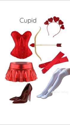 a woman's red outfit and shoes with the words cupid on it