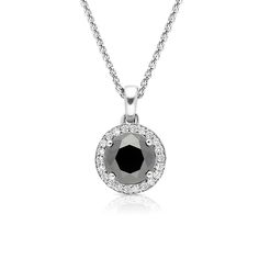 Surprise the one you adore with this classic 18K white gold black diamond pendant necklace. The shimmering pendant showcases a classic round black diamond artfully set to enhance size and sparkle - wrapped in a pave-lined white diamond halo. This radiant look is one she'll turn to often, everyday and on special occasions. An amazing and thoughtful anniversary gift for your loved one.
1.69 Ctw Classic Black halo diamond pendant set in 18K white gold
Center Diamond: 

Weight: 1.57&n Black Diamond Necklace With Round Diamond Accents, Black Diamond Necklace With Accents, Round Shape, Black Diamond Necklace With Diamond Accents, Black Diamond Necklace With Accents, Black Diamond Pendant Necklace, Gold Flower Design, Black Diamond Pendant, Diamond Pendant Sets, Gold Link Chain