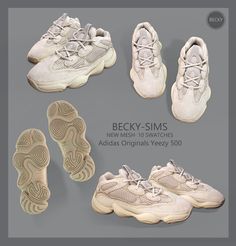 four pairs of white sneakers with laces on them and the words becky - sims new mesh 10 swatches adidas yosey 350