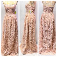 Windsor Formal Rose Gold Lace Overlay Embroidered Strapless Gown Sweetheart Neckline Size 9 - See Measurements In Pics. Has Some Stretch To Bodice. Beautiful Dress. Rose Gold / Blush / Mauve Lace Overlay With Gold Embroidered Detailing In Lace. Tried On Multiple Times But Never Worn To A Function. Nwt - Some Small Snags Throughout, Slightly Dingy At Bottom Hem And One Hanger Strap Has Been Snapped But Tied Back For Functionality. The Worst Snags And Hem Can Be Seen In Last Photos. Could Be Used Pink Strapless Bridesmaid Gown, Strapless Pink Bridesmaid Gown, Pink Lace Prom Gown, Pink Lace Feminine Gown, Feminine Pink Lace Gown, Pink Feminine Gown With Sweetheart Neckline, Pink Fitted Lace Gown, Pink Sweetheart Neckline Gown For Spring, Pink Sweetheart Neckline Gown