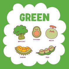 an illustrated poster with the words green on it and various types of vegetables in different languages