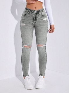 Distressed Skinny Jeans Light Grey Casual   Denim Plain Skinny High Stretch  Women Clothing, size features are:Bust: ,Length: ,Sleeve Length: Gray Ripped Jeans For Spring, Spring Ripped Gray Jeans, Distressed Gray Jeans For Spring, Spring Gray Ripped Jeans, Ripped Gray Jeans For Fall, Gray Ripped Jeans For Fall, Gray Distressed Jeans For Fall, Design Jeans, Clothing Model