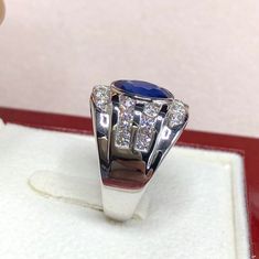 BRAND-NEW!! ONE OF A KIND, HANDCRAFTED RING. EXQUISITE AND FINE CRAFTSMANSHIP! HANDMADE TO LAST FOR AN ETERNITY!! HEIRLOOM PIECE!! PRECIOUS JEWELRY TO BE PASSED ON! PERFECT DRESS RING FOR A GENTLEMAN! 3.42 total carat weight, Certified, Natural blue sapphire ring. This ring offers an important statement of who you are with a 2.37 carats, VIVID BLUE, transparent, CEYLON BLUE SAPPHIRE. Accentuating the BLUE SAPPHIRE are the 20 G/VS, sparkling natural diamonds SUGGESTED RETAIL VALUE: $8,500   BLUE Luxury Sapphire Diamond Ring With Polished Finish, Classic Polished Sapphire Ring, Luxury Polished Sapphire Ring For Formal Occasions, Luxury Sapphire Signet Ring For Formal Occasions, Classic Round Sapphire Ring With Polished Finish, Luxury Sapphire Signet Ring With Gemstone, Formal Oval Sapphire Signet Ring, Luxury Sapphire Signet Ring, Formal Sapphire Oval Signet Ring