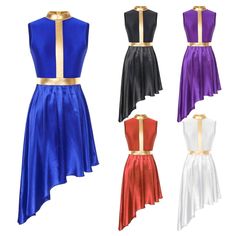 four different colored dresses with gold trims on the shoulders and back, all in different colors