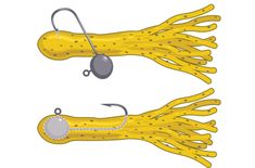 an image of two different types of fishing lures on white background, one is yellow and the other is gray