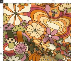 an image of a colorful background with flowers and mushrooms on it's surface, as well as numbers