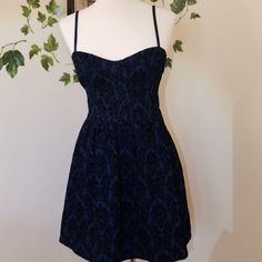 Spaghetti Strap Dress. Deep Indigo With Black Velvet Pattern All Over Dress. Fit And Flare Styling. Straps Are Adjustable. Back Has Elastic Through Out For Customized Fit. Side Zip. Nwot. 65 Cotton 33 Poly 2 Spandex. Pit To Pit 16" Length From Center Neckline To Hem 25" Forever 21 Sundress With Spaghetti Straps, Chic Spaghetti Strap Mini Dress By Forever 21, Forever 21 Fitted Dress With Spaghetti Straps, Forever 21 Spaghetti Strap Mini Dress For Date Night, Forever 21 Fitted Mini Dress With Spaghetti Straps, Forever 21 Spaghetti Strap Dress For Date Night, Forever 21 Spaghetti Strap Mini Dress For Party, Forever 21 Spaghetti Strap Dress For Party, Forever 21 Spaghetti Straps Mini Dress For Night Out