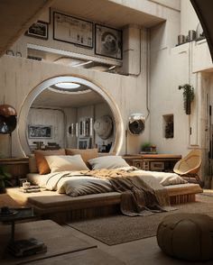 a bedroom with an arched window and large bed in the middle, surrounded by furniture