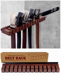 the belt rack is made out of wood and has five different belts on it's sides