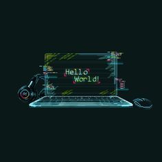 a computer screen with the words hello world on it and headphones next to it