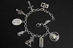 "A collection of silver plated Christian theme charms have been dispersed around a shimmering silver plated bracelet chain in this handmade charm bracelet. This Religious charm bracelet is then completed with a lobster clasp and a 1/2 inch of chain at the end for adjustable sizing. Charms in this bracelet include a \"Christ Carrying the Cross\" charm, praying hands charm, crucifix charm, Mary statue charm, bible charm, blessed tag charm, angel's wing charm, profile of Mary charm, and your choice Christ Carrying The Cross, Carrying The Cross, St Benedict Bracelet, Saint Bernadette, Catholic Bracelet, Bracelet Styles, Handmade Charm Bracelets, Christian Bracelets, Prayer Bracelet