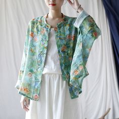 Sku CY-!125038 Material Ramie Style Original Feature Printed Neckline Stand Collar Occasion Casual, Vintage, Stylish Seasons Spring, Summer Type Outerwear Color Blue, Green Size M, L, XL Size Chart: Please consult the size chart we provide for this item's measurements to help you decide which size to buy. Please note: There may be 1-3cm differ due to manual measurement. CM Bust Shoulder Sleeve Length M 122 48 29 59 L 124 49 30 60 XL 126 50 31 61 Casual Stand Collar Tops For Spring, Spring Top With Stand Collar, Casual Spring Tops With Stand Collar, Green Long Sleeve Tops For Spring, Green Stand Collar Top For Summer, Green Long Sleeve Tops With Floral Print, Green Printed Spring Tops, Casual Light Green Long Sleeve Tops, Casual Light Green Fall Top