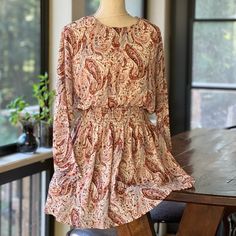 This Dress Is Beautiful With Rust, Blue And Brown Paisley Design. Pair With Booties Or Your Favorite Cowboy Boots For A Cute Fall Style! 100% Polyester Lined Brown Long Sleeve Dress With Paisley Print, Casual Brown Long Sleeve Dress With Paisley Print, Casual Long Sleeve Dresses With Paisley Print, Minkpink Dress, Brown Paisley, Blue And Brown, Mink Pink, Paisley Design, Fall Style