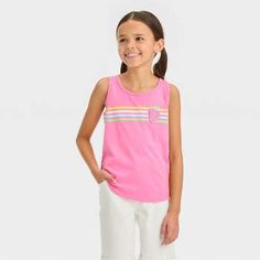 Cute Cotton Camisole For Spring, Playful Cotton Tank Top For Spring, Pink Summer School Tops, Basic Spring Playwear Tops, Basic Tops For Playwear In Spring, Basic Spring Tops For Playwear, Cute Spring Cotton Tank Top, Summer Stretch Tops For Playtime, Playful Cotton Tank Top