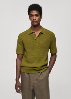 Cotton-blend fabric. Knitted braided fabric. Polo-neck with button closure. Short sleeve. Straight hem. Contrast ribbed finishes on collar, sleeves and bottom hem. The model is 6'1" and is wearing a size M. Back length 27.56 in Summer Knit Polo Sweater With Polo Collar, Fitted Textured Knit Polo Collar Top, Fitted Textured Knit Top With Polo Collar, Knit Tops With Ribbed Collar For Work, Summer Polo Sweater With Ribbed Collar For Work, Summer Knit Polo Sweater With Ribbed Collar, Casual Polo Collar Top With Pointelle Knit, Casual Tops With Pointelle Knit And Polo Collar, Summer Workwear Polo Sweater With Ribbed Collar