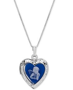 A touch of the divine, a winsome angel graces this charming resin cameo-style locket necklace enhanced with an engraved design. Macy's Sterling Silver Hallmarked Jewelry, Macy's Silver Fine Jewelry Necklaces, Macy's Sterling Silver Necklaces, Macy's Sterling Silver Pendant Necklace, Macy's Sterling Silver Heart Pendant, Macy's Polished Finish Necklaces For Gifts, Classic Heart-shaped Macy's Jewelry, Macy's Silver Heart Necklace, Heart Locket Necklace Silver