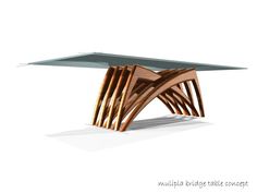 an artistically designed wooden table with glass top on the bottom and sides, against a white background