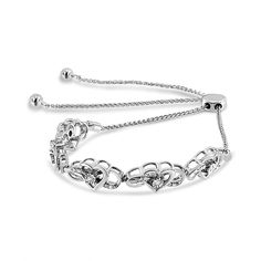 Express your affection to her with this dazzling bolo bracelet. Elegant and timeless, this gorgeous .925 sterling silver bracelet features open heart shaped links with infinity loops woven around each heart. Each link has petite diamonds lining one curve of the infinity loop with a single diamond in the center of the loop in a miracle-plate setting. The unique miracle-plate setting centers each genuine diamond in a mirror-finish, high-polish frame, giving the illusion of a much larger stone. The Elegant Heart Bracelet With Adjustable Chain, Adjustable White Gold Heart Bracelet For Mother's Day, Sterling Silver Heart Bracelet With Jubilee Style For Anniversary, Sterling Silver Jubilee Heart Bracelet For Anniversary, Sterling Silver Heart Bracelet With Adjustable Chain For Anniversary, Elegant Adjustable Sterling Silver Heart Bracelet, Elegant Adjustable Sterling Silver Bracelet For Valentine's Day, Adjustable Fine Jewelry Heart Bracelet For Anniversary, Silver Cubic Zirconia Heart Bracelet For Formal Occasions