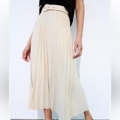 New With Tag Midi Skirt With A High Waist And Tonal Belt. Zip Closure. Outer Shell 100% Polyester Ecru | 3046/031 1058 Chic White Pleated Skirt For Fall, White Skirt For Fall Day Out, White Fall Day Out Skirt, Chic Summer Pleated Midi Skirt, Chic Summer Midi Pleated Skirt, Elegant Midi Pleated Skirt For Day Out, Chic High-waist Pleated Skirt For Summer, White High Waist Skirt For Fall, Chic High Waist Pleated Skirt For Summer