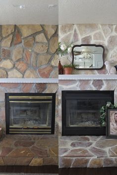 a stone fireplace with two pictures on the mantle and a mirror above it, in a living room