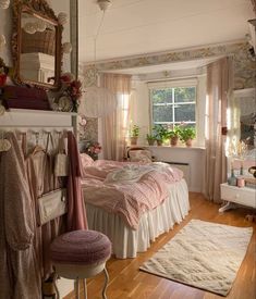 a bedroom with two beds and a mirror on the wall next to it's windows