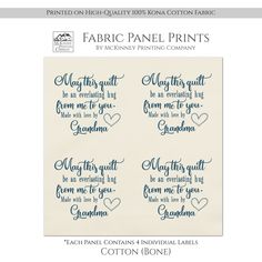 fabric panel prints with words and hearts in blue ink on white paper, set of four