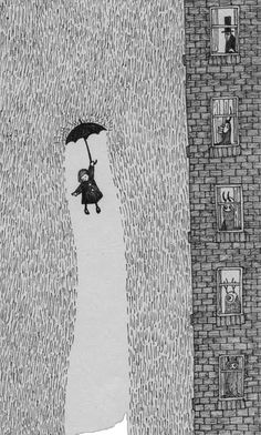 a drawing of a person holding an umbrella in the rain