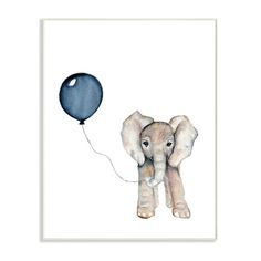 an elephant with a blue balloon on its back is shown in this watercolor painting