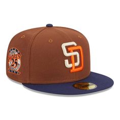 the san francisco giants new era 59fifty fitted hat is shown in brown and blue