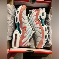 Brand New- Never Worn, Only Tried On Inside My House. Nike Air Max Plus Youth Size 4.5y. I Wear A 6 1/2 In Women’s And These Were Slightly Too Big For Me. I Would Compare These To A 7 In Women’s. Comes With Box It Came In. Color Says White/Siren Red-Red Stardust But I Would Translate To White, Dusty Pink And Some Baby Blue As You Can See In Photos. Super Cute Shoes, Just Didn’t Fit My Feet Right. Comes In Original Box. Air Max Plus, Nike Air Max Plus, Stardust, White Nikes, Dusty Pink, Baby Blue, Air Max, Cute Shoes, Pink White