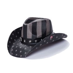 The TX-722 hat from the Saddleback Collection is crafted with genuine Toyo Straw and genuine leather band, featuring star pins for a classic western look. The black and white American flag design, shapeable wired brim, and 3.5 inch brim make this hat the perfect accessory for a stylish and patriotic look. American Style Adjustable Hat With Flat Brim, American Style Adjustable Flat Brim Hat, Adjustable Patriotic Hats For Country Events, Patriotic Adjustable Hats For Country Events, Adjustable Patriotic Hat For Rodeo, Adjustable Americana Hats For Country Events, Black Summer Hat Bands For Ranch, Adjustable Americana Hat For Rodeo, Adjustable Americana Hat With Short Brim