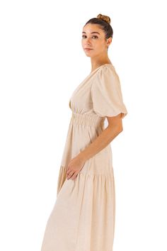 The puff sleeve dress is the perfect choice for you! This dress provides comfort and style since it is made of premium 70% polyester and 30% cotton. With its midi-length design and regular fit, you’ll feel like a glam queen. The soft beige color gives the dress a classic charm, while the V-neckline and short sleeves give it a modern look. The solid pattern allows you the freedom to accessorize however you like. This tiered dress is ideal for a party or enjoying casual occasions. Be ready to turn Summer Cream Dress With Balloon Sleeves, Cream Balloon Sleeve Summer Dress, Summer Cream Balloon Sleeve Dress, Summer Cream Midi Dress With Gathered Sleeves, Feminine Cream Puff Sleeve Dress With Gathered Sleeves, Chic Cream Puff Sleeve Knee-length Dress, Casual Midi Dress With Puff Sleeves, Feminine Beige Dress With Gathered Sleeves, Fitted Cream Puff Sleeve Knee-length Dress