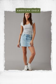 Light wash stretch denim with no shortage of comfort/Zip fly/Two open back pockets/Crossover waist/Raw hem Perfect Denim, Denim Mini, Denim Mini Skirt, Stretch Denim, Crossover, Open Back, Women's Jeans, American Eagle Outfitters, Mini Skirt