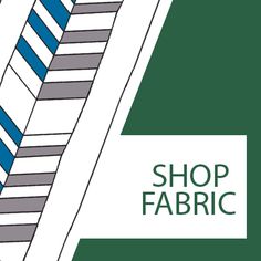 a green and white poster with the words shop fabric written in bold blue on it