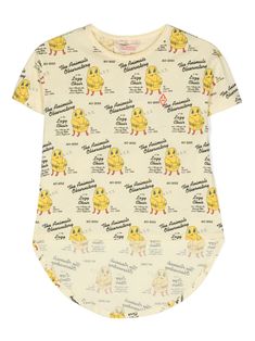 light yellow cotton jersey texture all-over logo print all-over illustration-style print crew neck short sleeves high-low hem Casual Yellow T-shirt With All Over Print, Yellow Cotton Top With All Over Print, Trendy Cotton T-shirt With All Over Print, Yellow Cartoon Print T-shirt For Summer, Yellow Cotton T-shirt With All Over Print, Yellow Casual Tops With All Over Print, Casual Yellow Tops With All Over Print, Yellow Casual T-shirt With All Over Print, Yellow Short Sleeve Top With Character Print