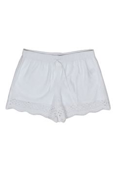 Current Boutique-Club Monaco - Ivory Eyelet Trim Shorts Sz 4 White Drawstring Pajama Shorts For Summer, White Casual Bottoms With Crochet Trim, Casual White Bottoms With Crochet Trim, Summer Lace Trim Loungewear Shorts, White Bottoms With Crochet Trim For Beach Season, Summer Loungewear Shorts With Lace Trim, White Crochet Trim Bottoms For Beach Season, White Lace Trim Pajama Shorts For Summer, White Crochet Trim Bottoms For Vacation