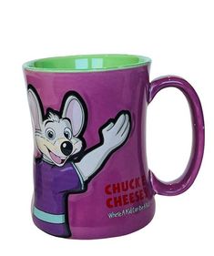 a purple and green mug with a cartoon mouse on it