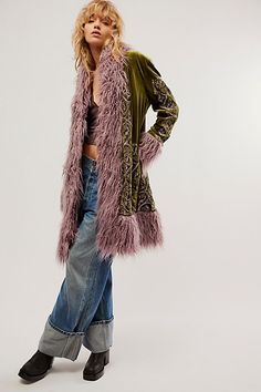 Free People Coat, Gemini Fashion, Boho Fashion Winter, Fur Lined Coat, Afghan Coat, Newport Wedding, Festival Jacket, Printed Velvet, Velvet Clothes