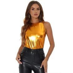 Your glittering personality will shine through in this breezy stretchy metallic flashing round-neck top. A finely smooth top is cut in a chic swing silhouette to make you shine on any occasion in this stylish tank top. It's a nice choice for different parties. Shimmering golden threads make this lightweight, fine-gauge top truly shine. Cut from soft semi-shiny stretch fabric, this lightweight tank top keeps you cool and makes you chic. Shiny Sleeveless Tank Top For Party, Glamorous Shiny Tank Top For Party, Glamorous Shiny Sleeveless Tops, Metallic Shimmer Tank Top For Night Out, Metallic Stretch Tank Top For Party, Shimmer Tank Top For Night Out, Sleeveless Shimmer Top For Party, Metallic Tank Top For Party Season, Metallic Sleeveless Disco Tank Top