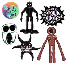 an assortment of halloween cut outs with creepy faces and monsters in the middle one is wearing a skeleton mask