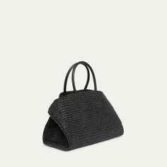 Ferragamo "Hug" top handle bag in crochet raffia and leather  Top handles  Can be worn as a top handle or shoulder bag  Open top with side Gancio buckle straps  Interior, two slip pockets  Feet protect bottom of bag  Approx. 10.2"H x 16.1"W x 7.9"D Made in Italy Mlouye Bag, Luxury Black Crochet Bag For Summer, Luxury Black Crochet Bag With Top Handle, Luxury Raffia Bag, Luxury Black Crochet Shoulder Bag, Ferragamo Top Handle Bag, Raffia Tote Bag, Purse Ideas, Crochet Purse