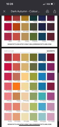 an iphone screen showing the color palettes for different types of paint colors and their names