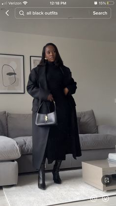 Elegant Black Winter Blazer, Elegant Black Winter Peacoat, Church Outfit Black Women Winter, Chic Black Fur Coat For Work, Staff Party Outfit, Elegant Oversized Black Pea Coat, Classy Winter Outfits Black Women, Casual Black Outfits, Winter Outfits Chic