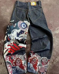 Bonnyshow Hip Hop Rock Embroidery New Y2k Jeans Pattern Printed Loose Trousers for Men and Women Re