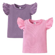 PRICES MAY VARY. 💕 Girls shirts: OPAWO girls t shirts are made of 95% polyester and 5% spandex, these toddler girl shirts are super soft and breathable, comfortable and stretchy. Suitable for spring, summer, fall and winter wear, machine washable 💕 2-pack toddler girl t shirts: Package includes 1 girls purple shirt & 1 girls pink shirt, solid color toddler shirts is suitable for all kinds of combinations and occasions 💕 Designed for girls: Ruffle sleeves girls tank tops, ribbed fabric to keep Solid Color T-shirt With Ruffle Sleeves For Spring, Cute Solid Color Summer Tops, Purple Solid Cotton Top, Purple Solid Color Cotton Top, Cute Solid Short Sleeve Tops, Cute Pink Ruffled T-shirt, Cute Ruffled Solid Color Tops, Cute Solid Tops With Ruffles, Cute Solid Color Tops With Ruffles